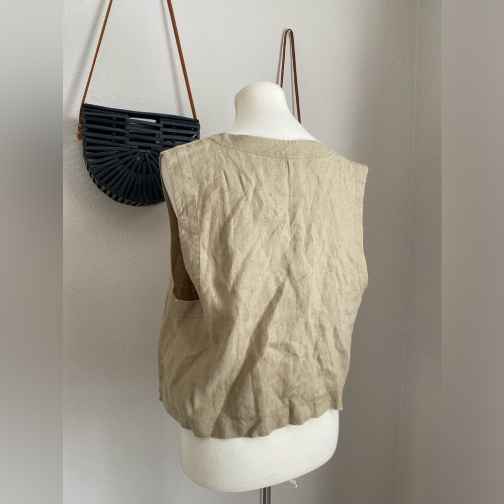 Kathleen Sommers Linen Lagenlook Beige Green Boxy Fit Vest, Size Medium - Picture 3 of 4